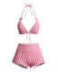 Ensemble bikini rose haut dos nu carreaux vichy et nœud et bas shorty années 80