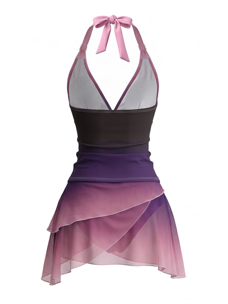 Ensemble tankini froncé ombré dos nu lavande années 1980