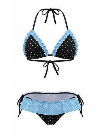 Maillot de Bain Halter Contrast à Pois à Volants Trim Années 1980