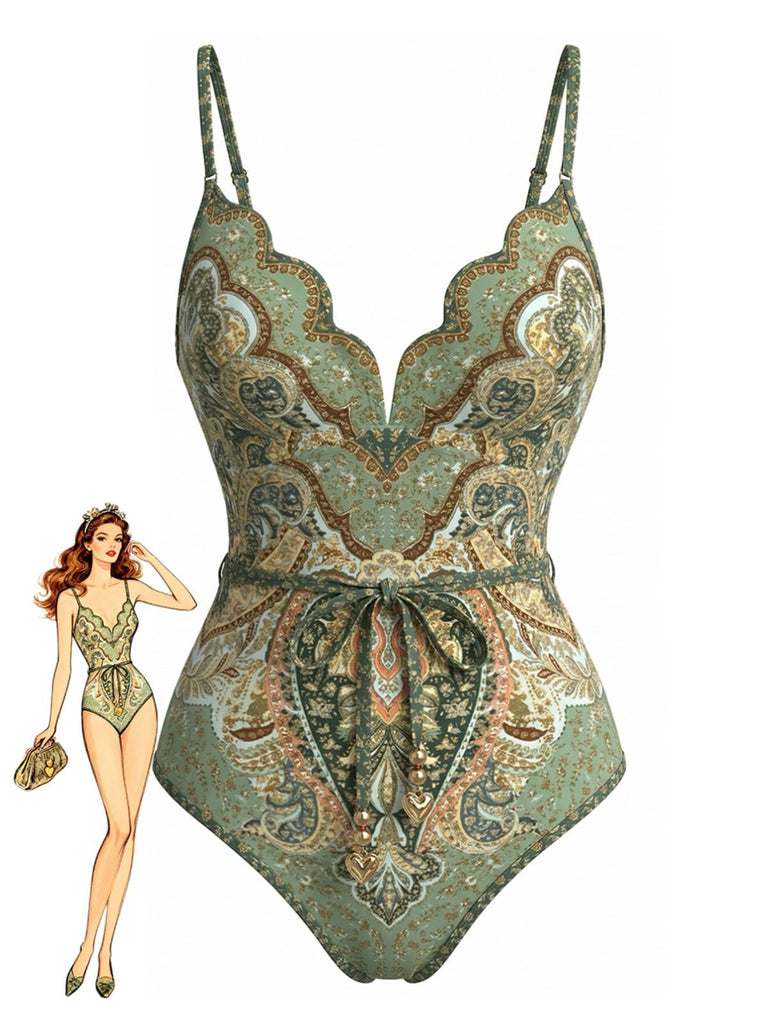 Maillot de bain une pièce vert bohème col pétale années 70