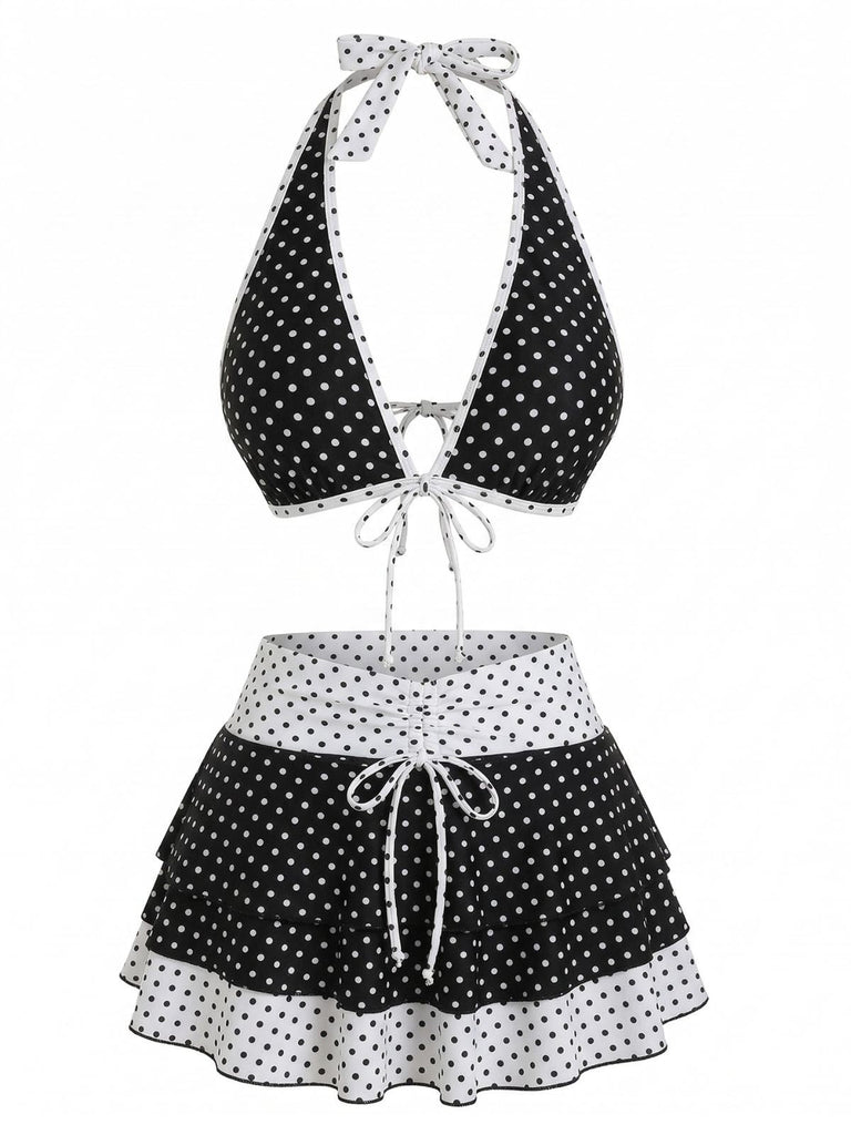 2PCS Set Bikini Noir Halter à Pois et Cache Maillot Années '40 2