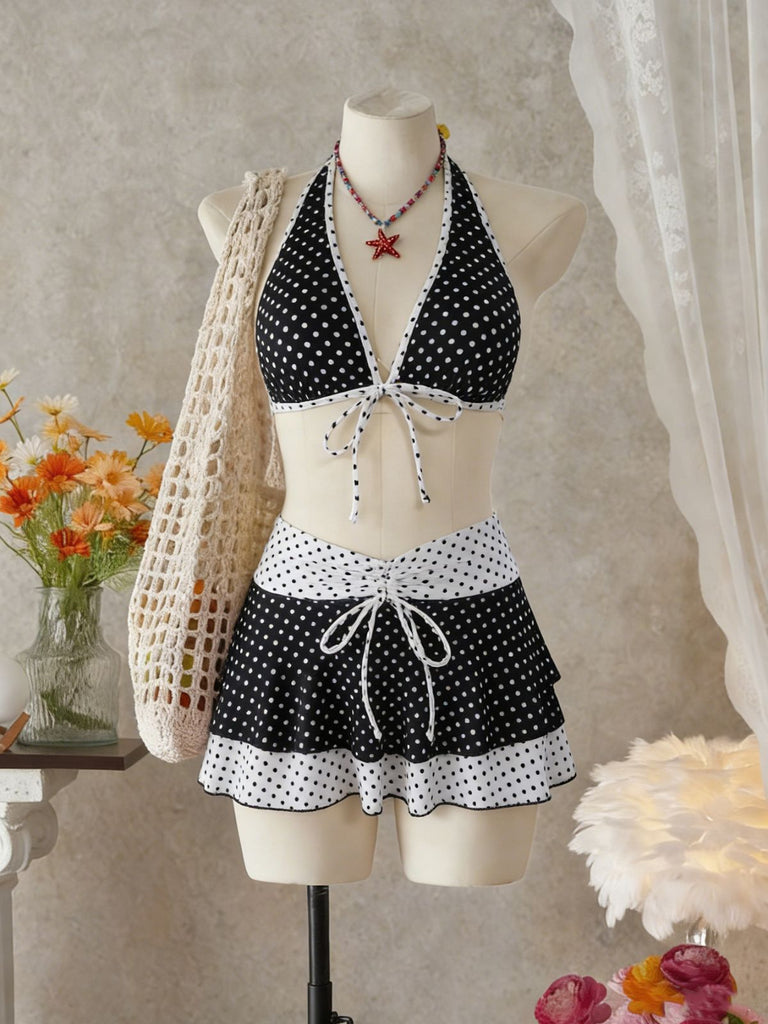 2PCS Set Bikini Noir Halter à Pois et Cache Maillot Années '40 4