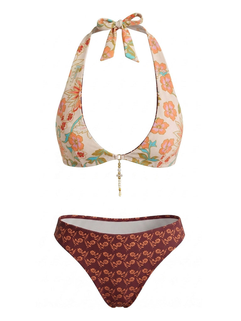 Ensemble bikini dos nu réversible à motif floral marron années 1940