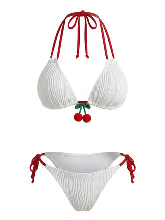 Ensemble Bikini Côtelé Dos Nu Noué Cerises Blanc années 50 2