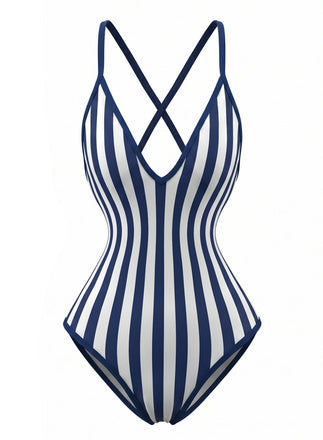 Maillot de Bain Une Pièce Rayé Bleu Marine Années 1980