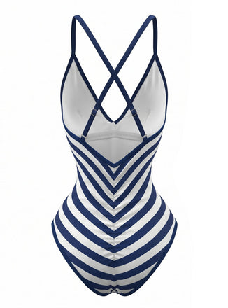 Maillot de Bain Une Pièce Rayé Bleu Marine Années 1980 2