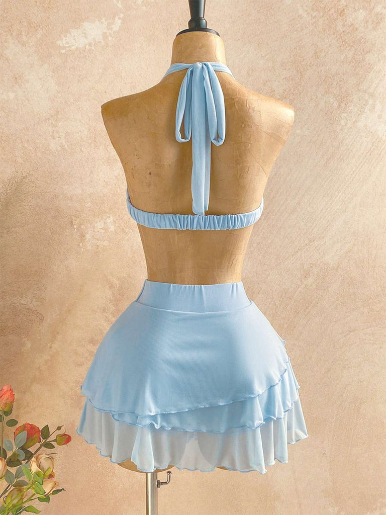 2PCS Haut bleu clair dos nu et jupe années 80