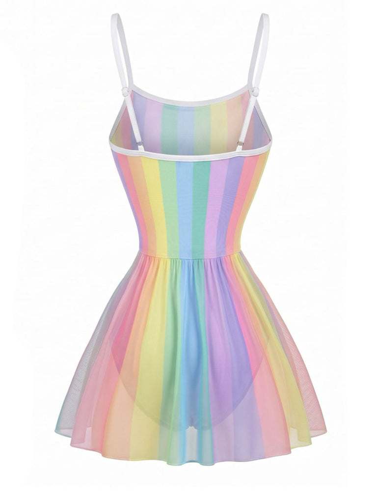 [Prévente] Maillot de Bain à Jupe Une Pièce Rayures Arc-en-Ciel Multicolore Années 1940 4