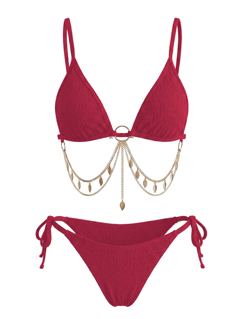 Ensemble bikini triangle chaîne dorée et côtelé années 1960