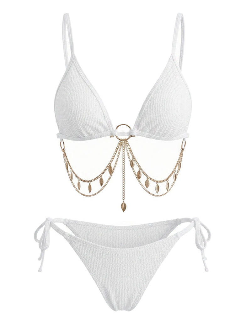 Ensemble bikini triangle chaîne dorée et côtelé années 1960
