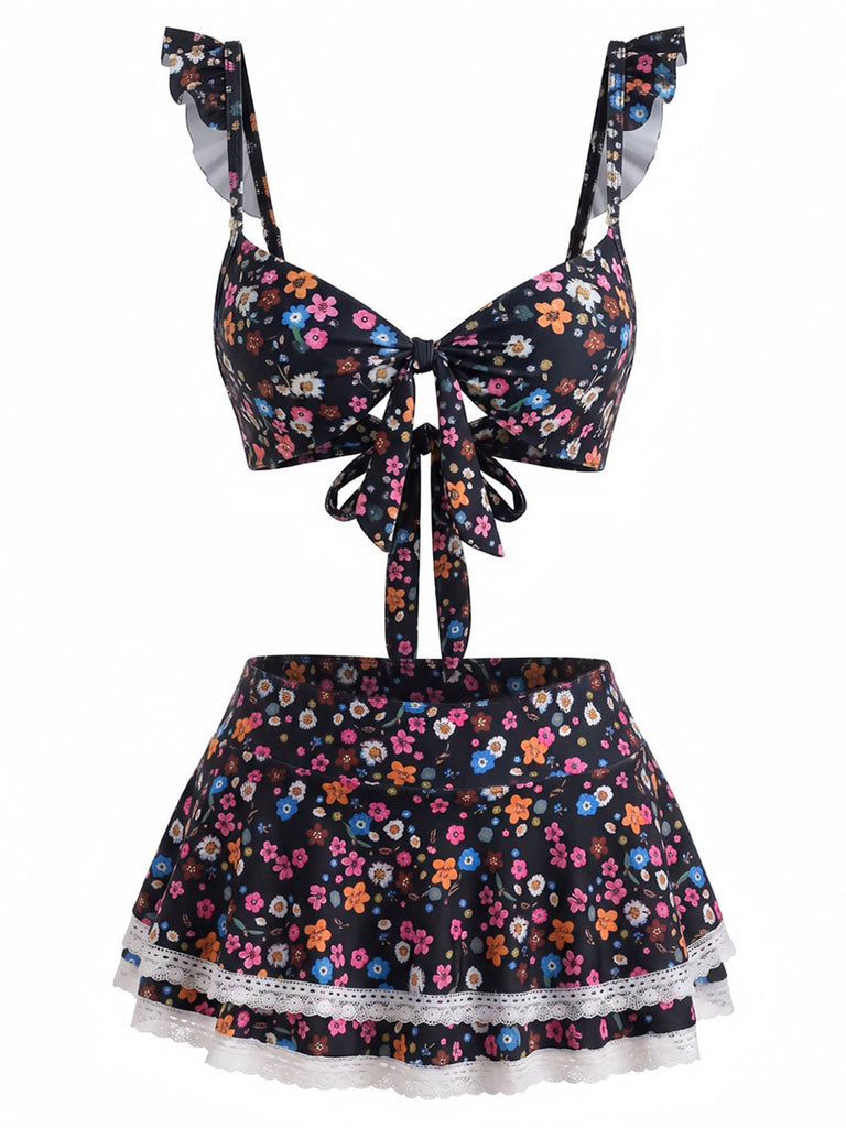 Bikini à Volants Fleurs avec Dentelle Années 1940