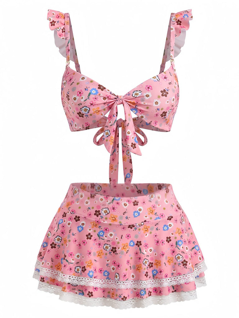 Bikini à Volants Fleurs avec Dentelle Années 1940