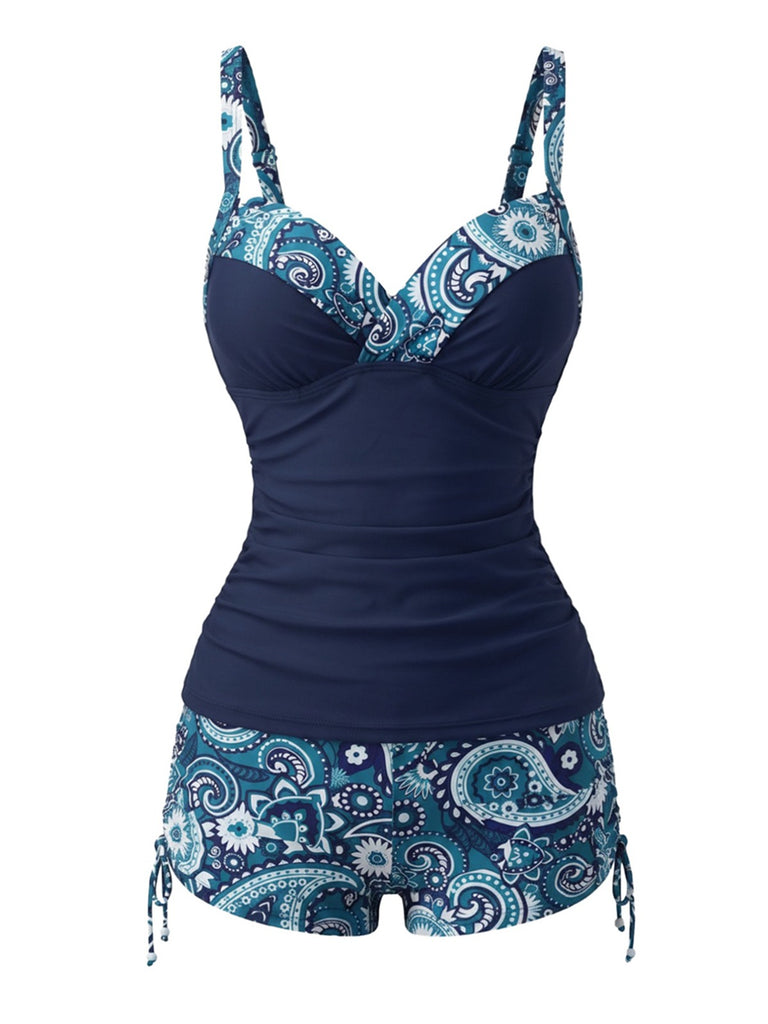 Tankini Vert bohème col V bretelles années 70