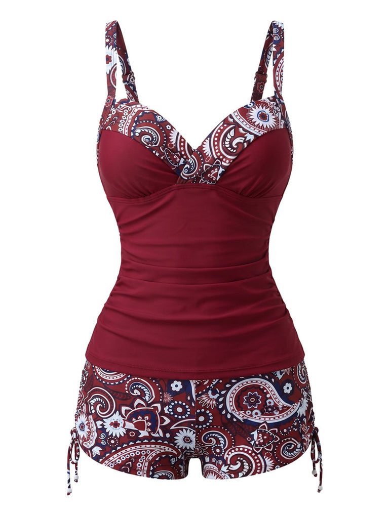 Tankini Vert bohème col V bretelles années 70