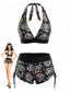 Bikini Noir À Crânes Col Licou Rockabilly Années 1980