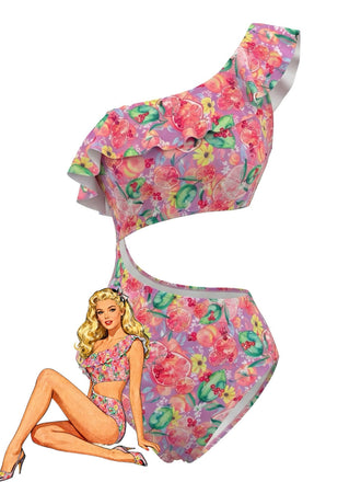 Maillot de Bain Fruits Asymétrique à Volants Découpé Rose Années 1980