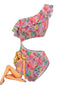 Maillot de Bain Fruits Asymétrique à Volants Découpé Rose Années 1980