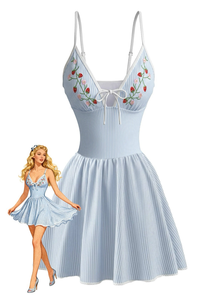 Maillot de Bain à Jupe Floral Rayé Fraise Brodé Bleu Années 1980