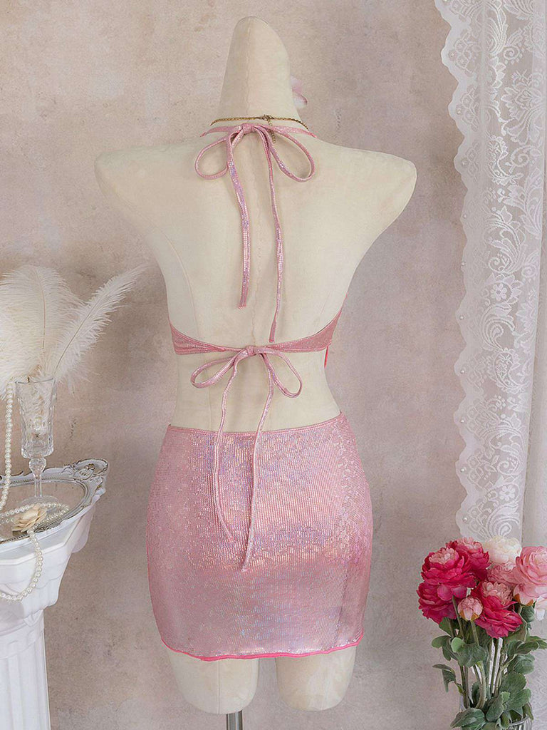 Bikini Sequin Métallisé et Cache-Maillot Rose Années 60