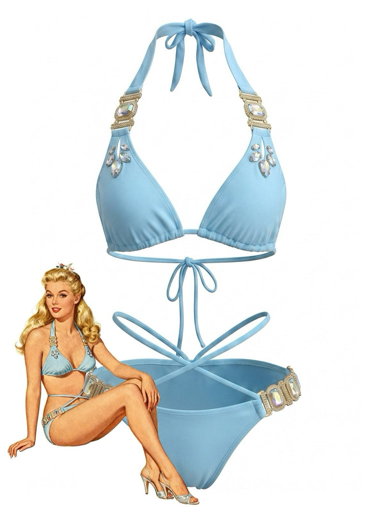 Ensemble Bikini Halter Taille Haute Bleu Années 1980