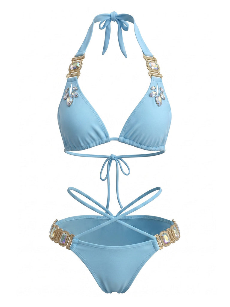 Ensemble Bikini Halter Taille Haute Bleu Années 1980 2