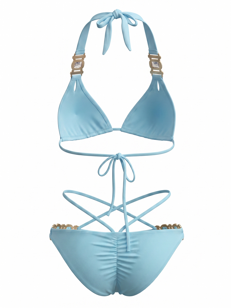 Ensemble Bikini Halter Taille Haute Bleu Années 1980 3