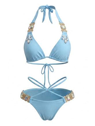 Ensemble Bikini Halter Taille Haute Bleu Années 1980 2