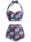 [Prévente] Ensemble bikini dos nu motif floral rouge bleu et blanc années 1950