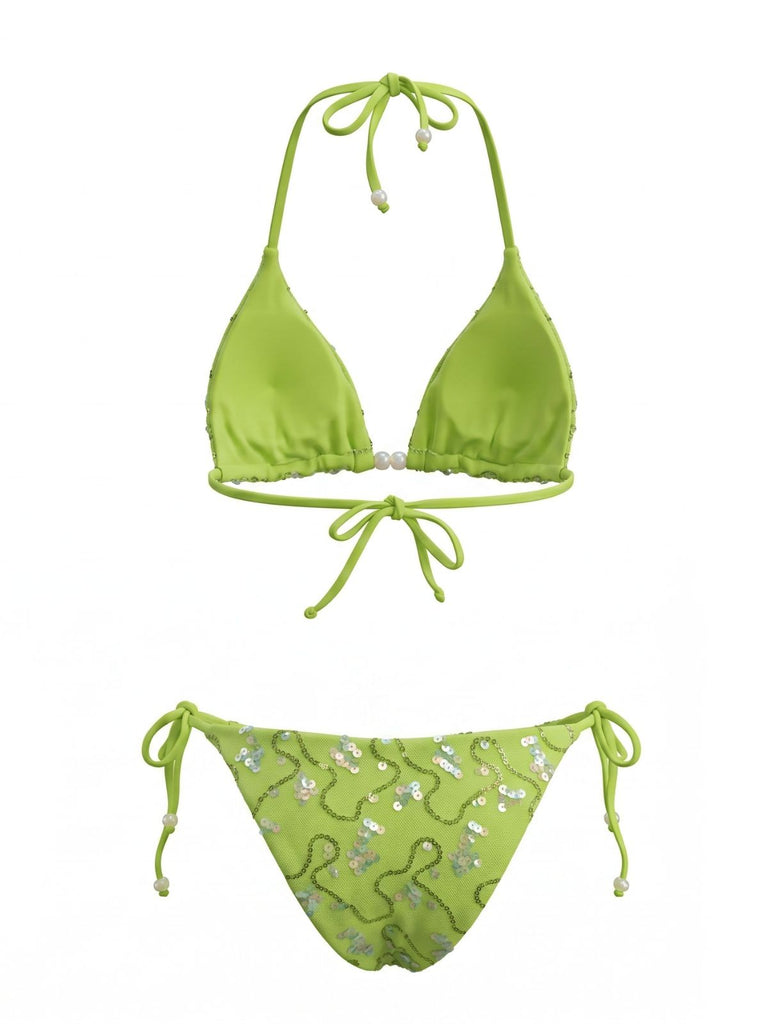 Ensemble Bikini Halter Lacé à Sequins et Perles Années 80