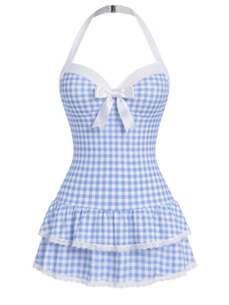 Maillot de bain une pièce bleu clair à pois et nœud des années 1940