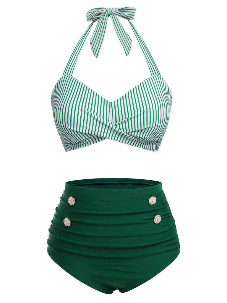 Ensemble de maillot de bain dos nu rayé rose et noir des années 1940