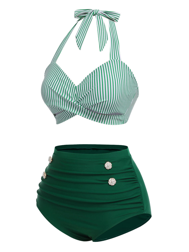 Ensemble de maillot de bain dos nu rayé rose et noir des années 1940