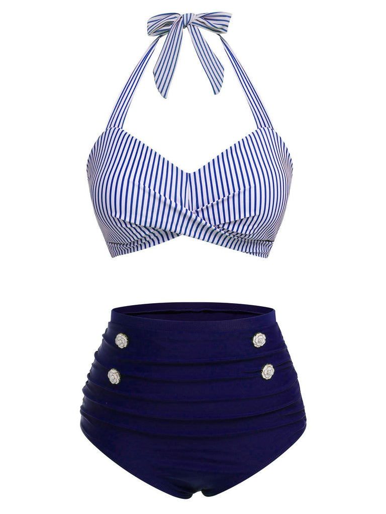 Ensemble de maillot de bain dos nu rayé rose et noir des années 1940