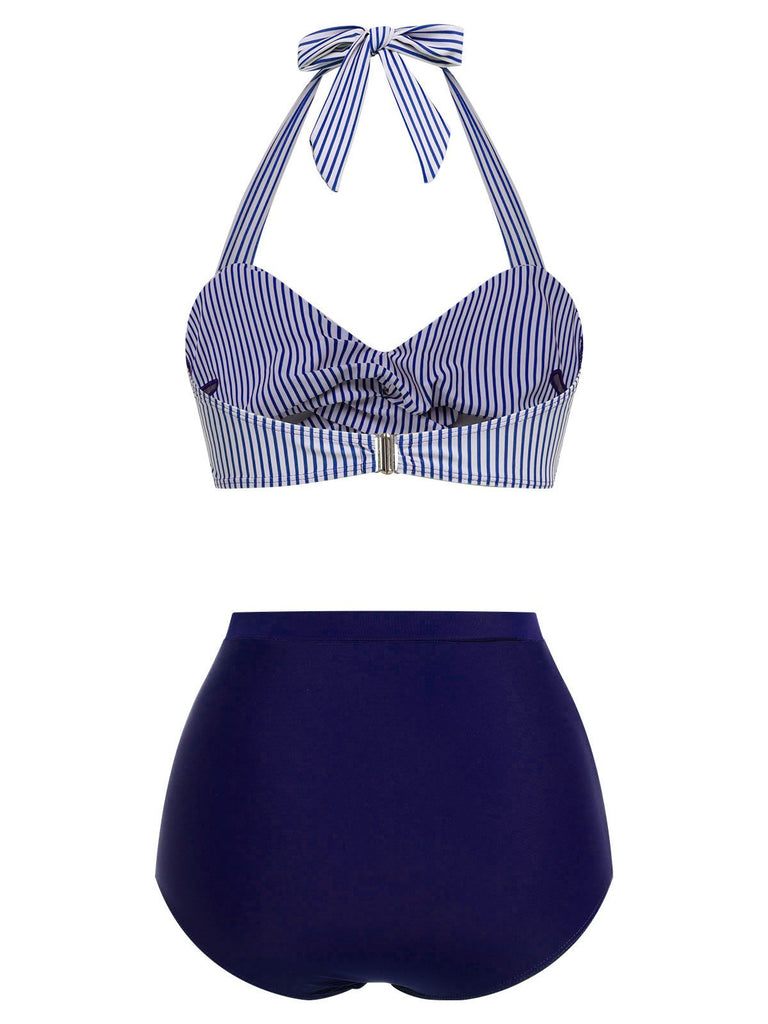 Ensemble de maillot de bain dos nu rayé rouge et bleu des années 1940