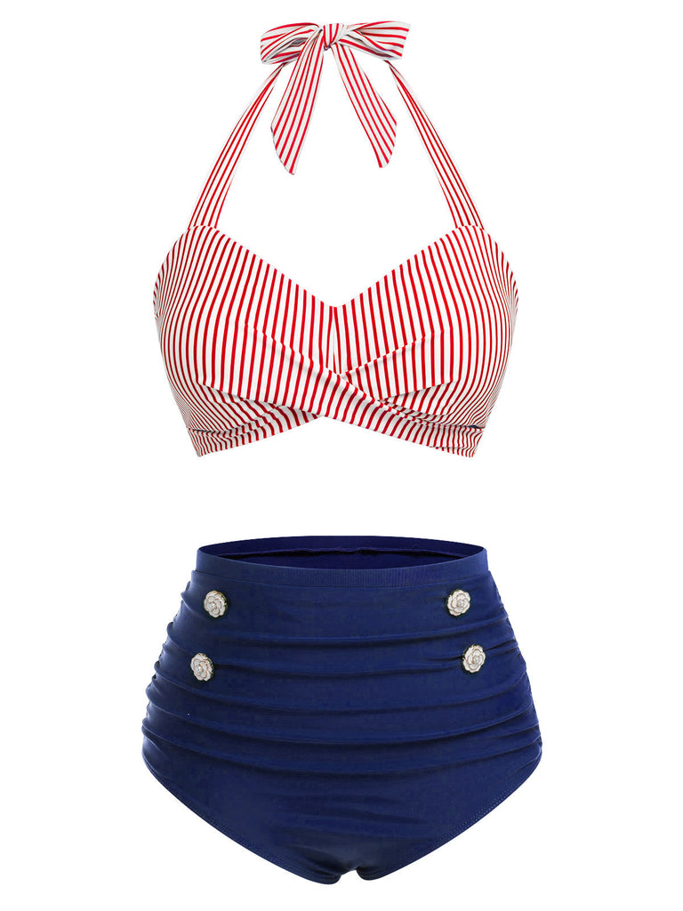 Ensemble de maillot de bain dos nu rayé rose et noir des années 1940