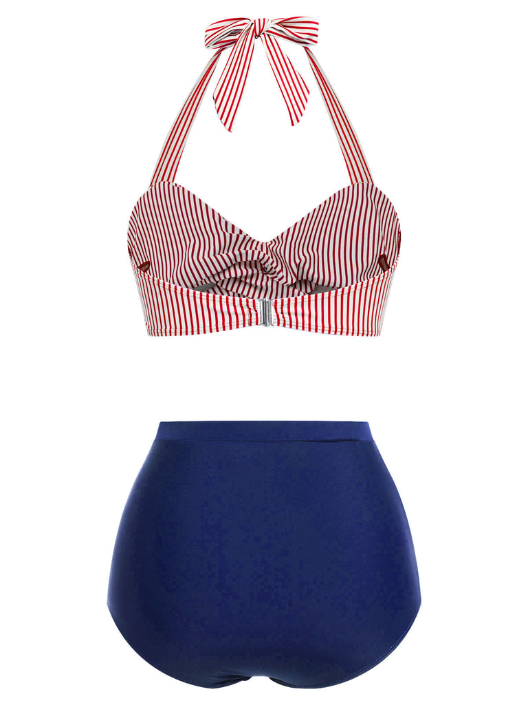 Ensemble de maillot de bain dos nu rayé rose et noir des années 1940