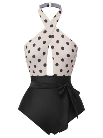 Maillot de bain une pièce beige à pois des années 1950