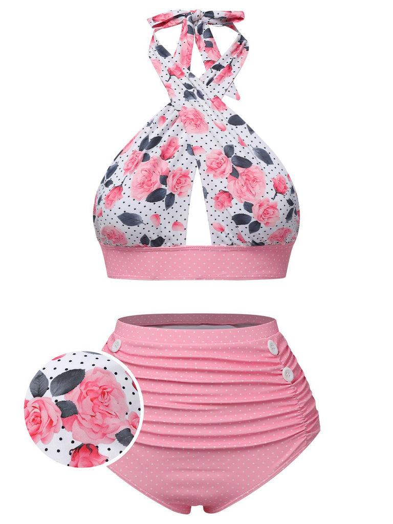 Maillot de bain vert à col croisé et imprimé floral des années 1940