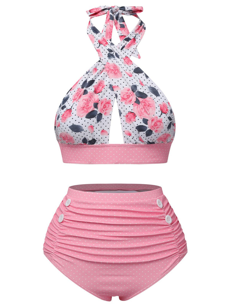 Maillot de bain vert à col croisé et imprimé floral des années 1940