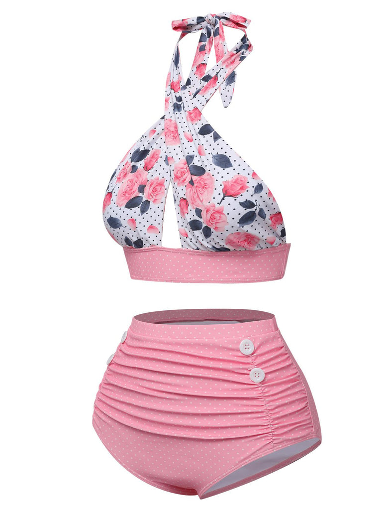 Maillot de bain vert à col croisé et imprimé floral des années 1940