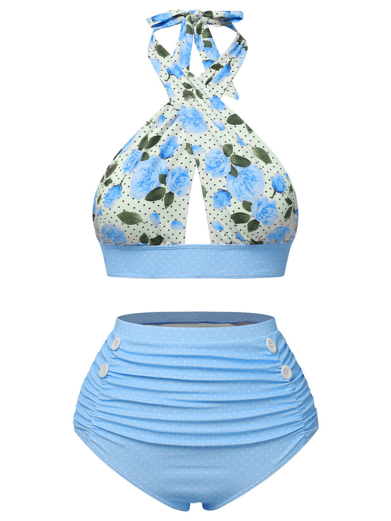 Maillot de bain vert à col croisé et imprimé floral des années 1940