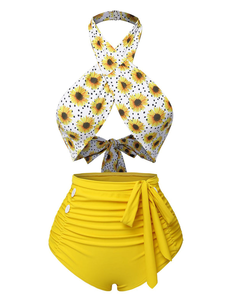 Maillot de bain vert à col croisé et imprimé floral des années 1940