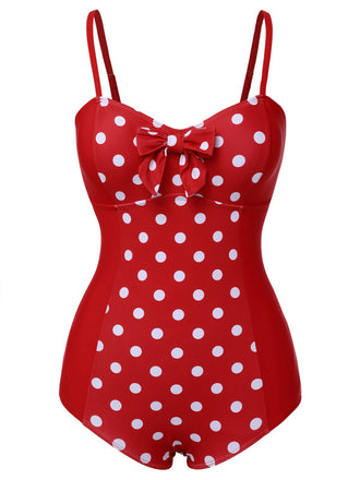 Maillot de bain rouge à bretelles patchwork à pois des années 1950
