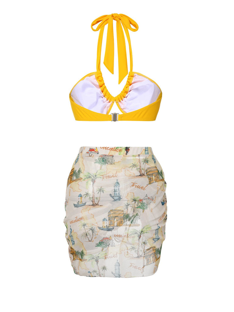 Maillot de bain et cache-maillot vocation rétro motif jaune des années 1970