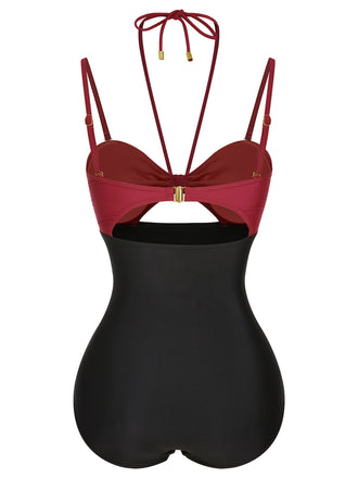 Maillot de bain à bretelles licou à découpes solides des années 1950