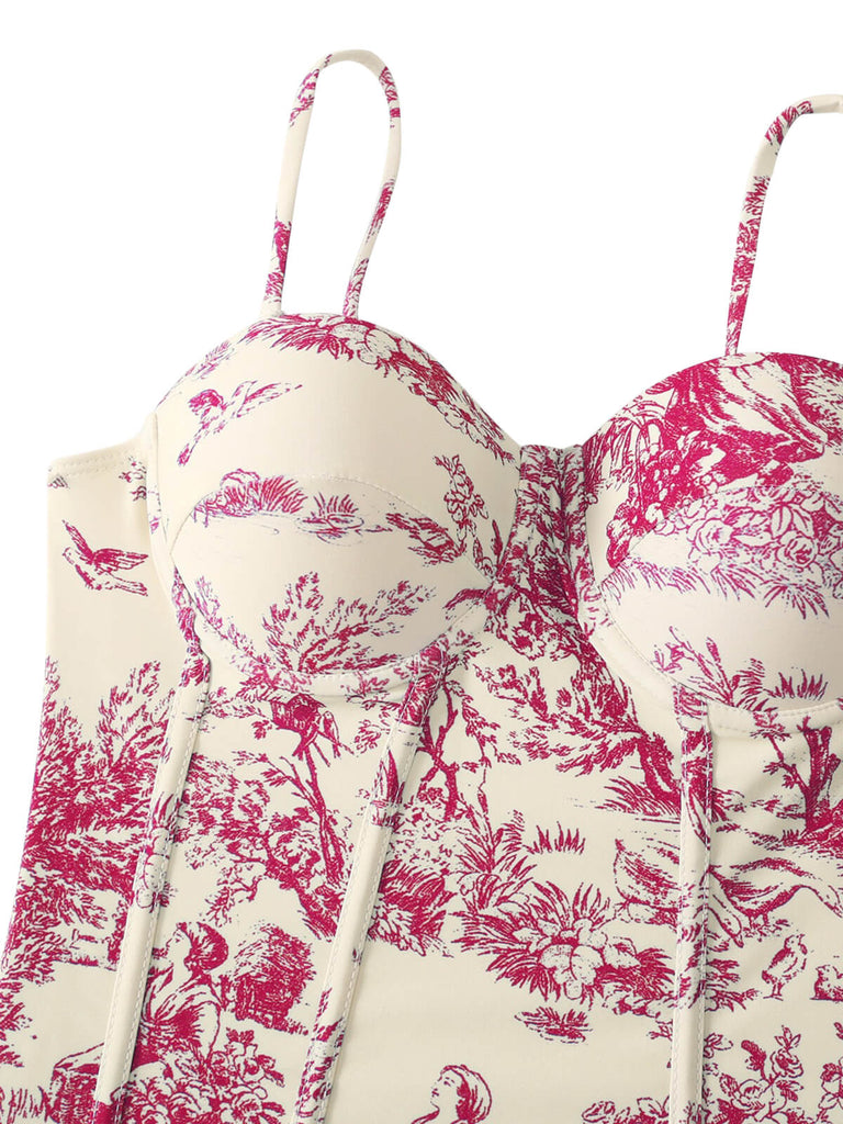 Maillot de bain une pièce à bretelles fines florales à l'encre des années 1950