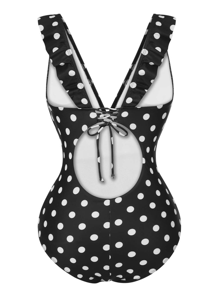 Maillot de bain noir à pois et volants à col en V des années 1950