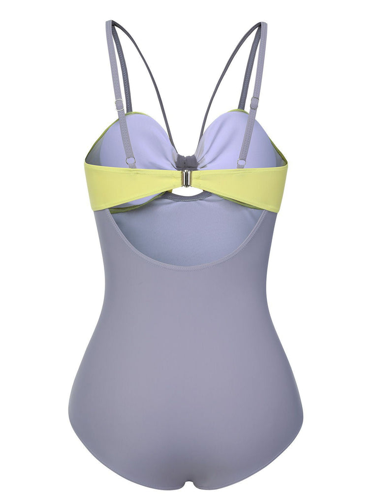 Maillot de bain violet et jaune avec nœud contrasté découpé des années 1950
