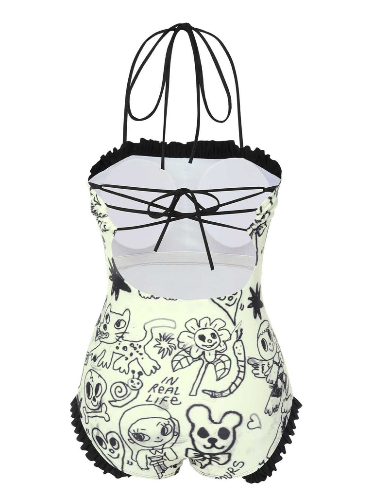 Maillot de bain une pièce à volants motif dessin animé années 1960