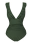 Maillot de bain vert armée des années 1950 à volants unis et col en V